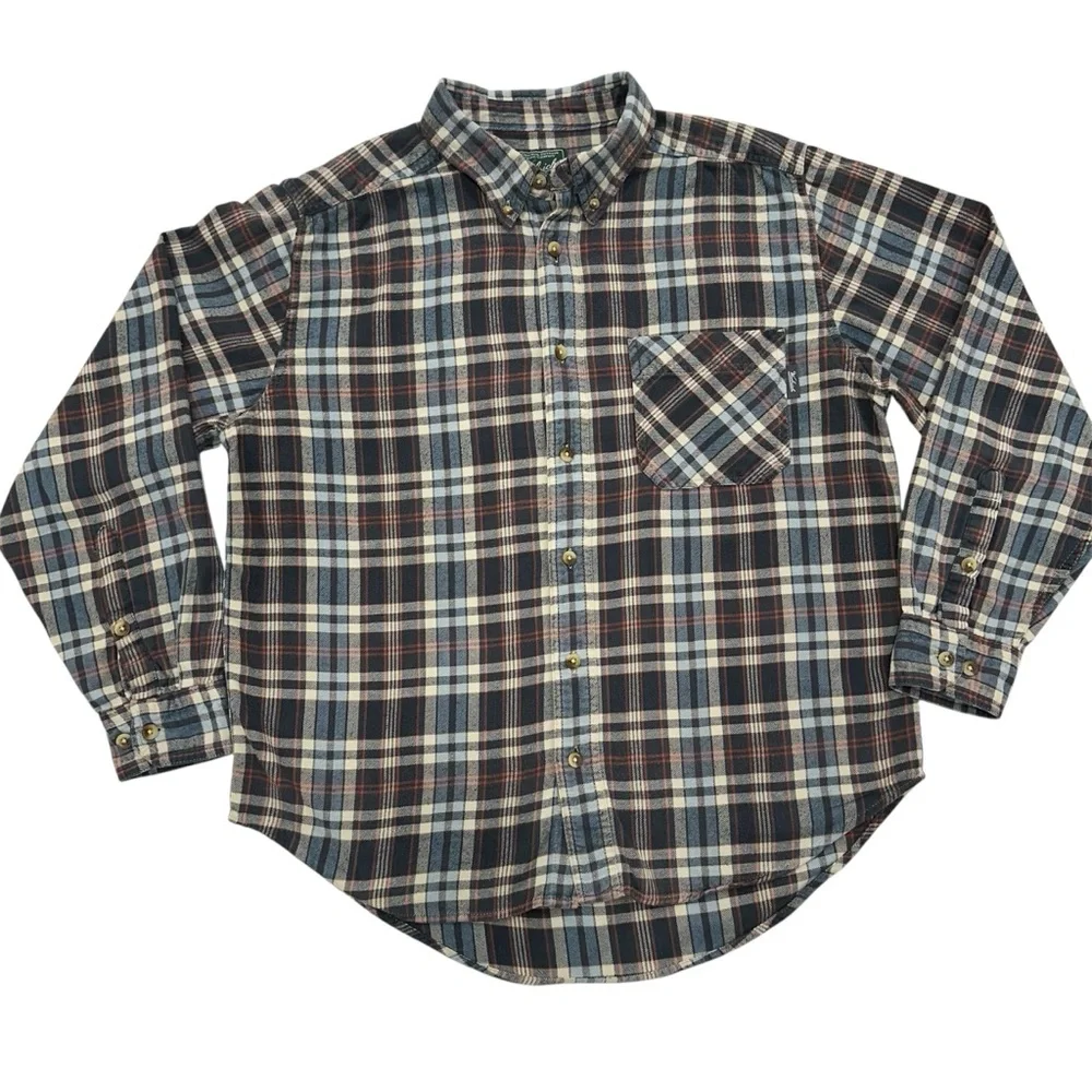 Woolrich Men's Black/Blue/White Plaid Flannel Long Sleeve Shirt Large_Vintage - Picture 2 of 9